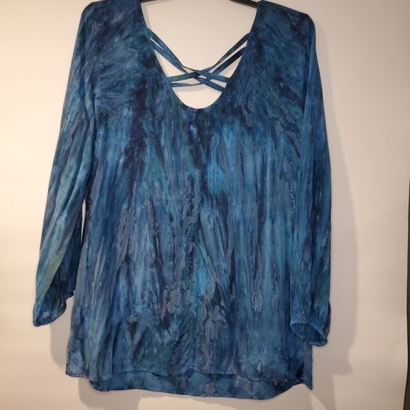 LONG SLEEVE SHIRT Womens SOFT SURROUNDINGS Size Large Blue Watercolor - Picture 2 of 9